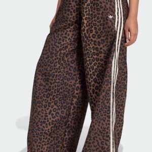 adidas Brown Leopard-Print Wide-Leg Pants with White Stripes